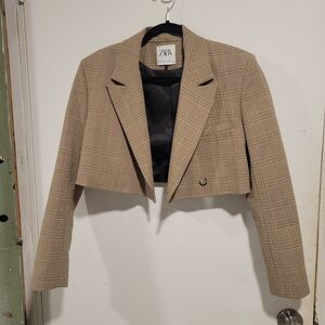 Zara brown cropped, plaid/checkered blazer